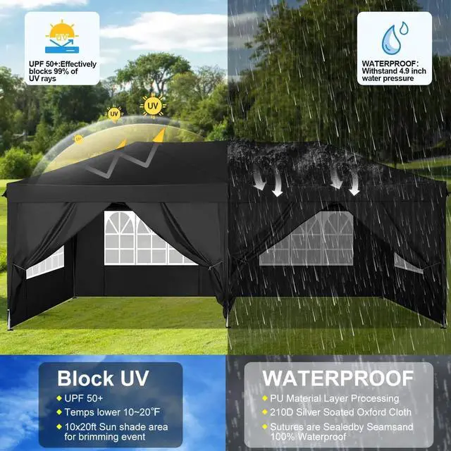 Alt view image 5 of 7 - 10x20 One Push Easy Up Pop Up Canopy Tent with 6 Sidewalls, Black