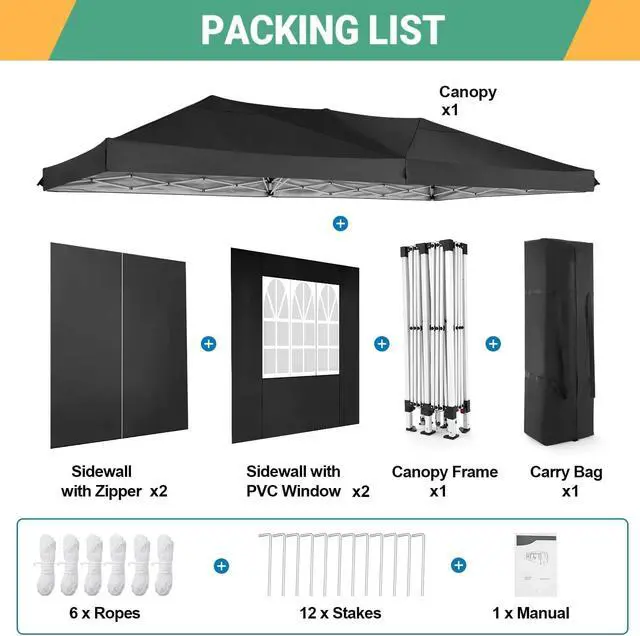 Alt view image 6 of 7 - 10x20 One Push Easy Up Pop Up Canopy Tent with 6 Sidewalls, Black