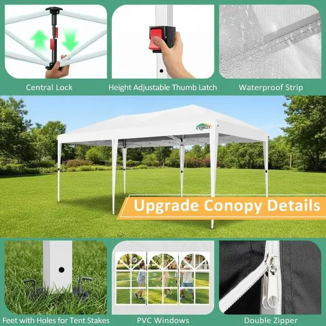 Alt view image 6 of 7 - 10x20 Pop Up Canopy with 6 Sidewalls, One Push Easy Setup, White