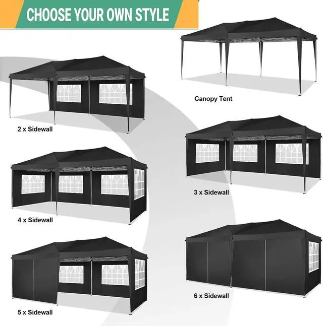 Alt view image 7 of 7 - 10x20 One Push Easy Up Pop Up Canopy Tent with 6 Sidewalls, Black