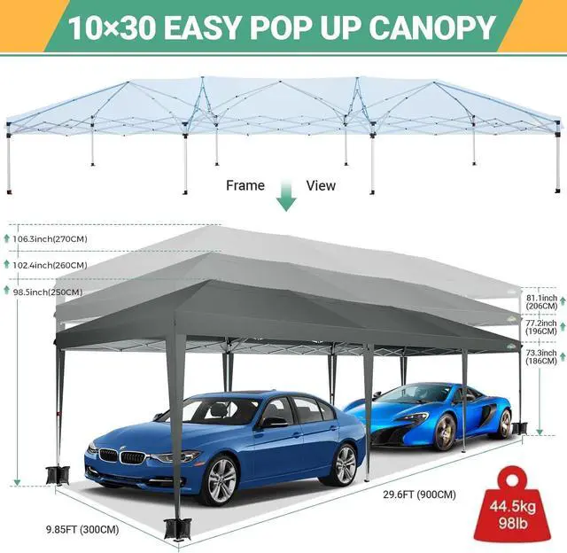 Alt view image 2 of 7 - 10x30 Pop Up Canopy with 8 Sidewalls, One Push Easy Setup, Gray