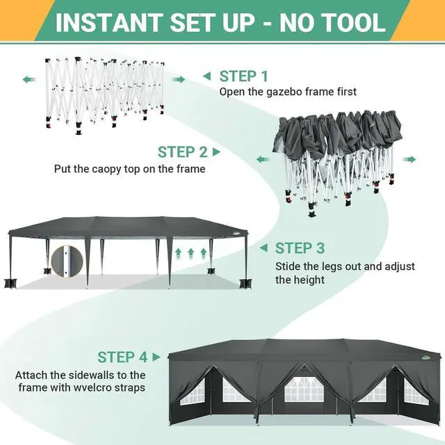 Alt view image 4 of 7 - 10x30 Pop Up Canopy with 8 Sidewalls, One Push Easy Setup, Gray