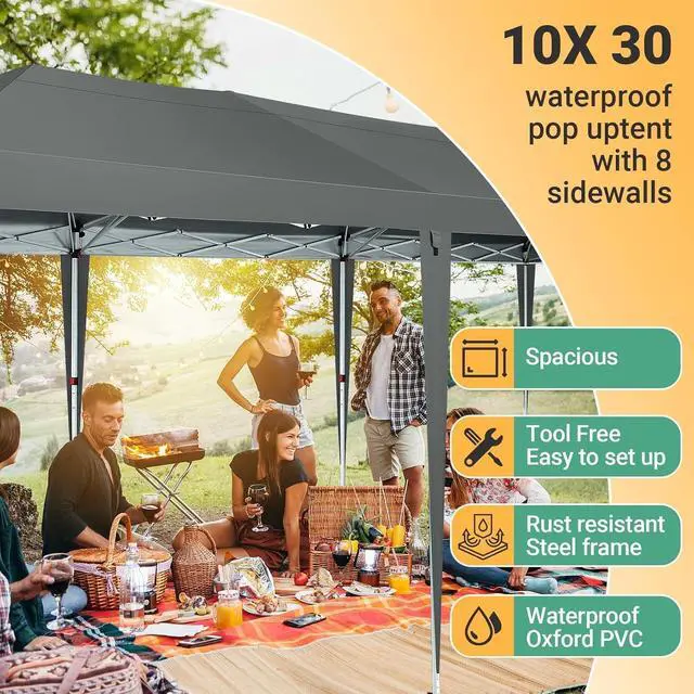 Alt view image 7 of 7 - 10x30 Pop Up Canopy with 8 Sidewalls, One Push Easy Setup, Gray