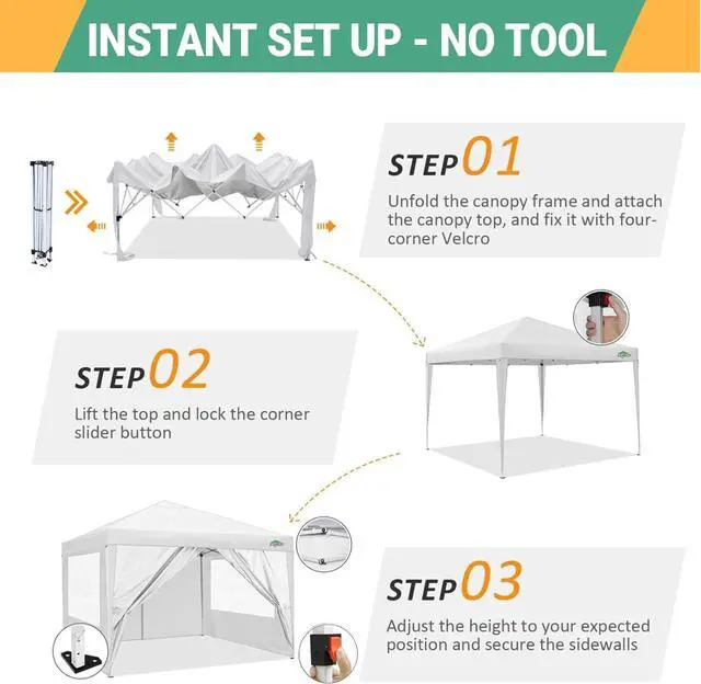 Alt view image 5 of 7 - 10x10 Pop Up Canopy with 4 Sidewalls, One Push Easy Setup, White