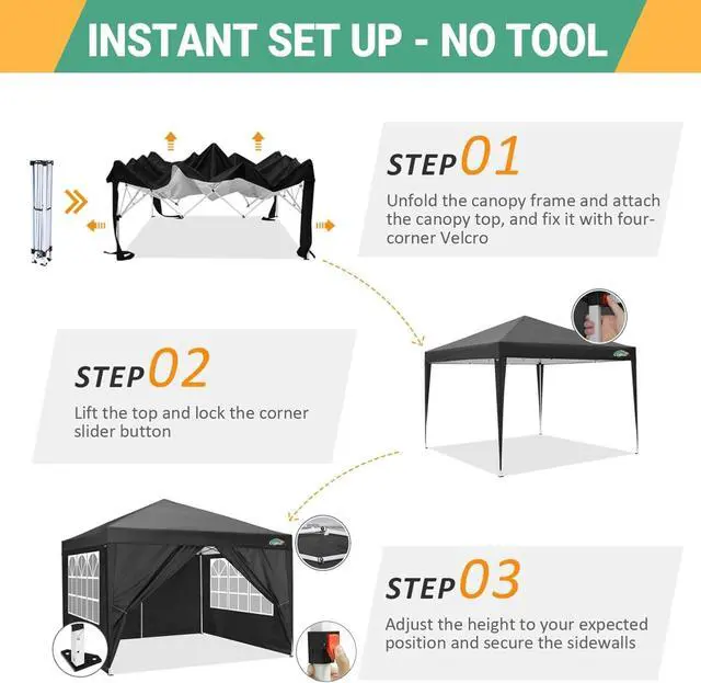 Alt view image 4 of 7 - 10x10 Pop Up Canopy with 4 Sidewalls, One Push Easy Setup, Black