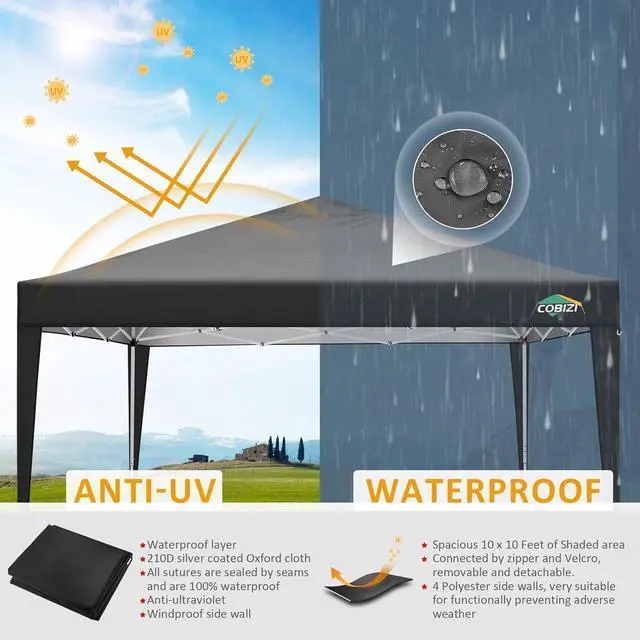 Alt view image 5 of 7 - 10x10 Pop Up Canopy with 4 Sidewalls, One Push Easy Setup, Black