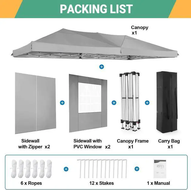 Alt view image 5 of 7 - 10x20 Pop Up Canopy with 6 Sidewalls, One Push Easy Setup, Gray