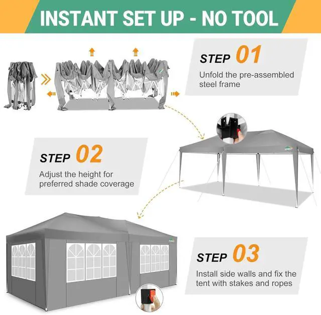 Alt view image 4 of 7 - 10x20 Pop Up Canopy with 6 Sidewalls, One Push Easy Setup, Gray