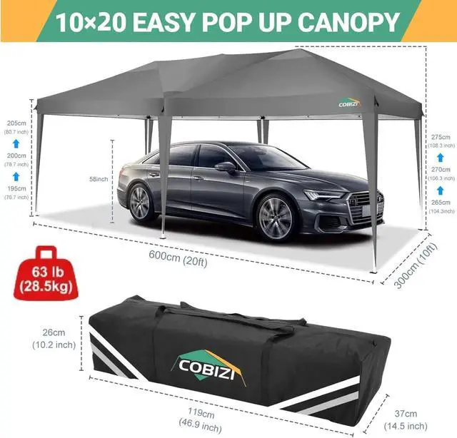 Alt view image 6 of 7 - 10x20 Pop Up Canopy with 6 Sidewalls, One Push Easy Setup, Gray