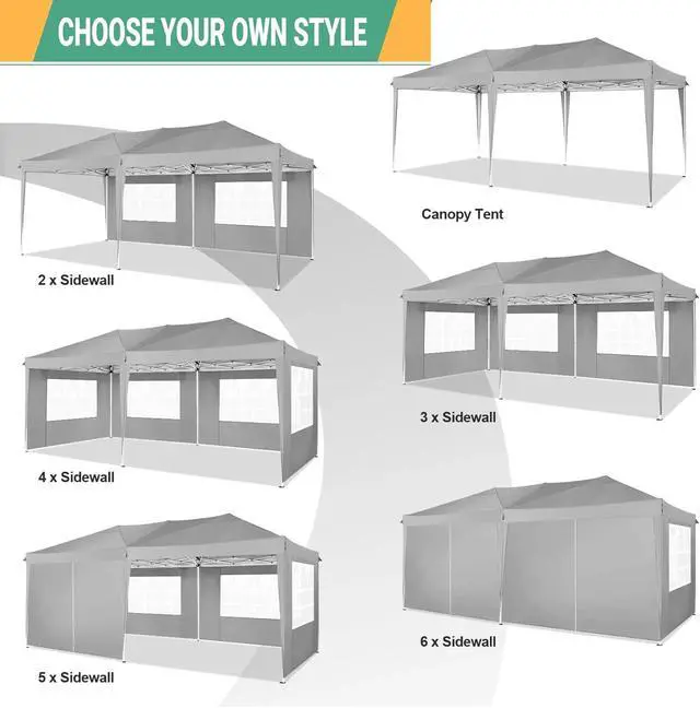 Alt view image 7 of 7 - 10x20 Pop Up Canopy with 6 Sidewalls, One Push Easy Setup, Gray