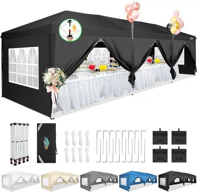 Main image of 10x30 Pop Up Canopy with 8 Sidewalls, One Push Easy Setup, Black