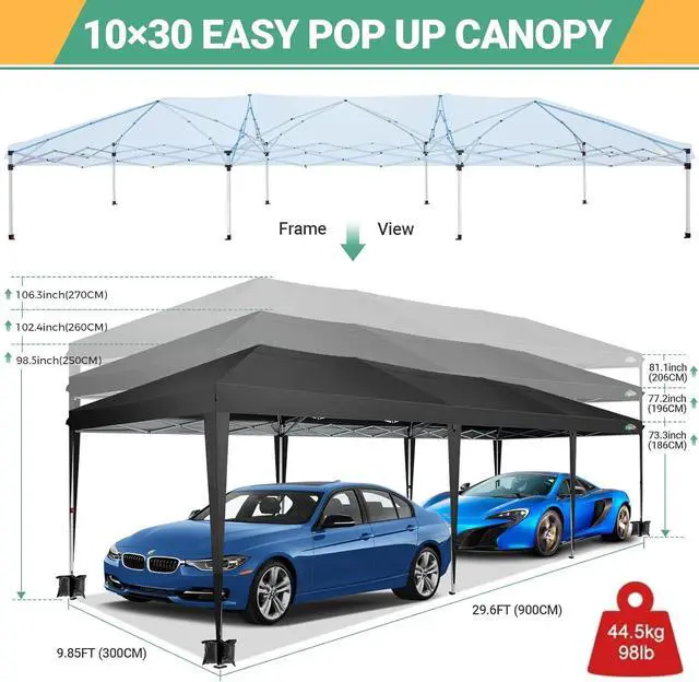 Alt view image 3 of 7 - 10x30 Pop Up Canopy with 8 Sidewalls, One Push Easy Setup, Black