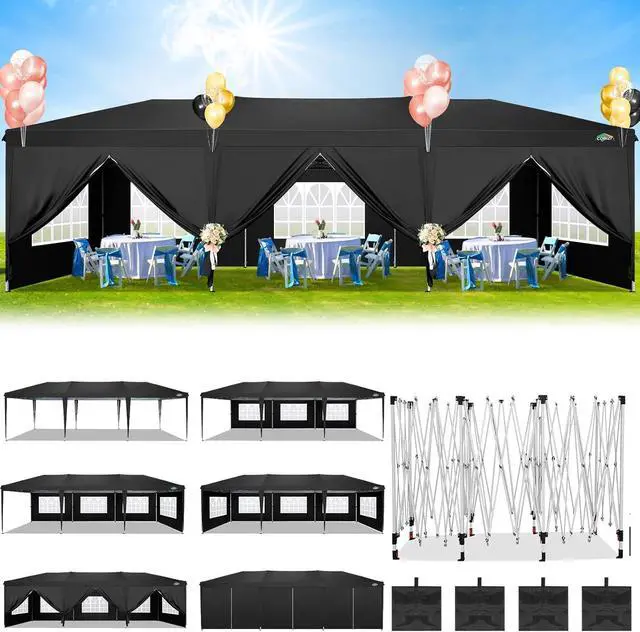 Alt view image 4 of 7 - 10x30 Pop Up Canopy with 8 Sidewalls, One Push Easy Setup, Black