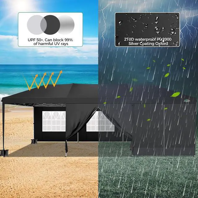 Alt view image 5 of 7 - 10x30 Pop Up Canopy with 8 Sidewalls, One Push Easy Setup, Black