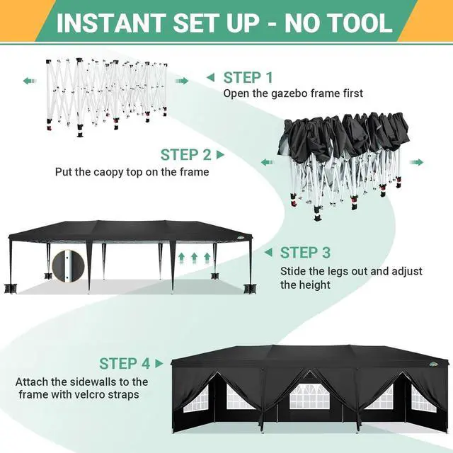 Alt view image 6 of 7 - 10x30 Pop Up Canopy with 8 Sidewalls, One Push Easy Setup, Black
