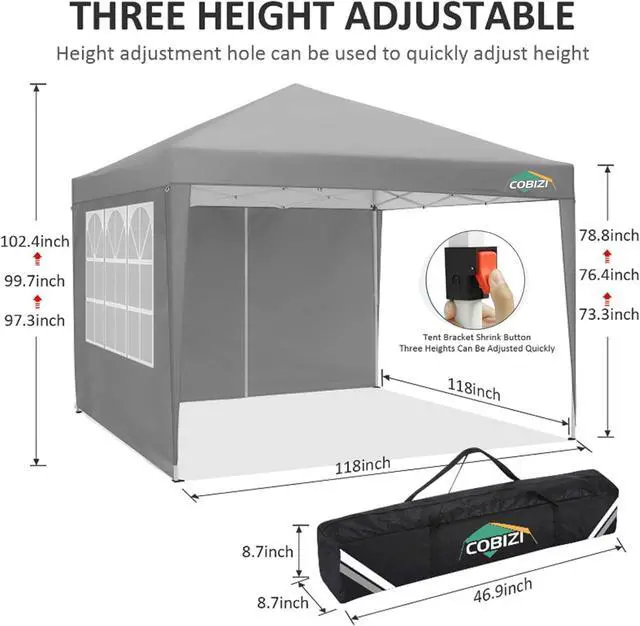 Alt view image 3 of 7 - 10x10 Pop Up Canopy with 4 Sidewalls, One Push Easy Setup, Gray