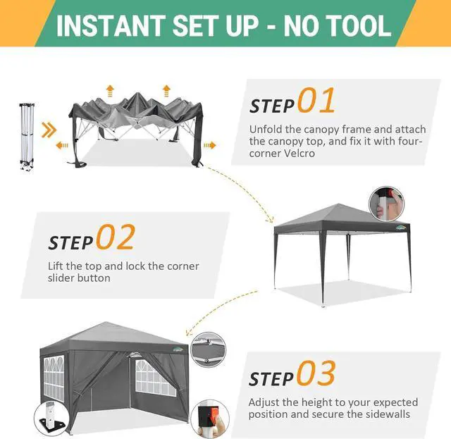 Alt view image 4 of 7 - 10x10 Pop Up Canopy with 4 Sidewalls, One Push Easy Setup, Gray