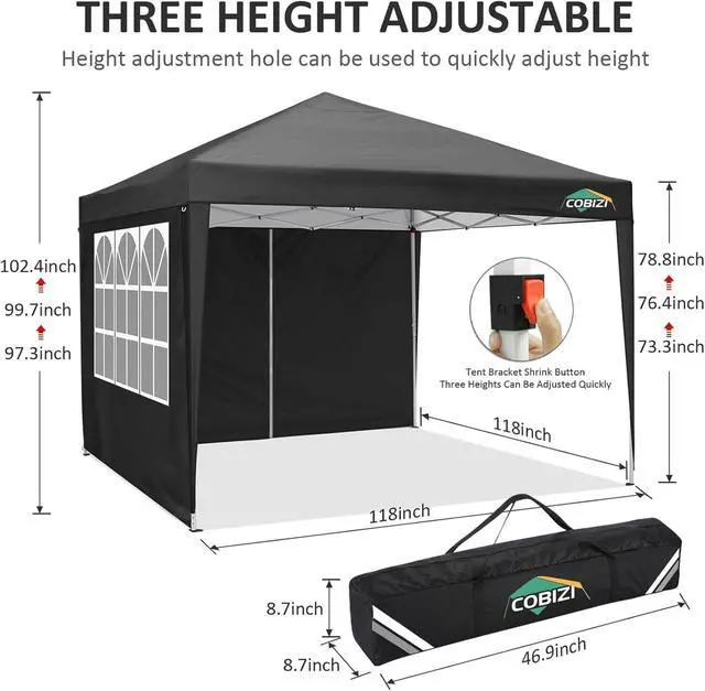 Alt view image 3 of 7 - 10x10 Pop Up Canopy with 4 Sidewalls, One Push Easy Setup, Black