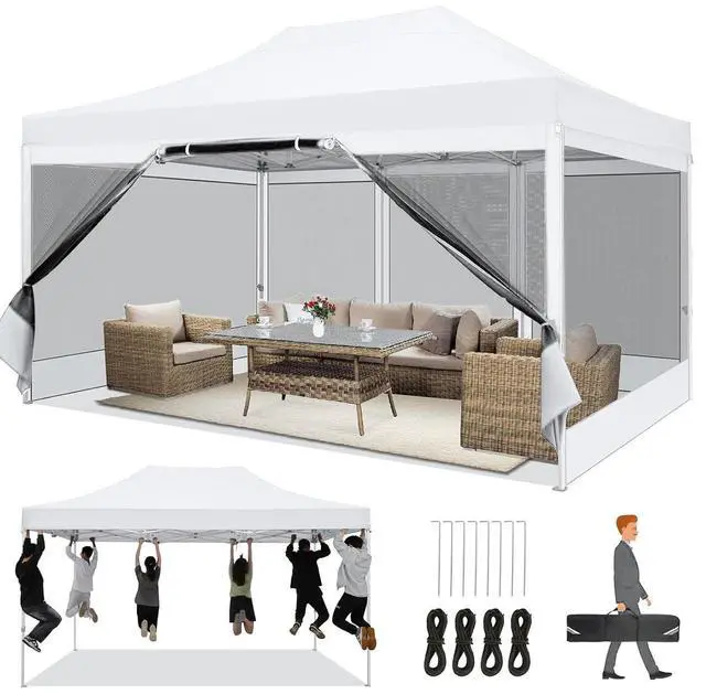 Main image of 10x15 Heavy Duty Pop Up Canopy with 4 Sidewalls, Commercial Gazebo Party Tent with Mosquito Netting Wall Easy Set Up Outdoor Instant Screen Tent for Backyard, Patio, Garden, White