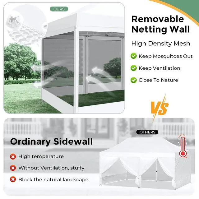 Alt view image 3 of 7 - 10x15 Heavy Duty Pop Up Canopy with 4 Sidewalls, Commercial Gazebo Party Tent with Mosquito Netting Wall Easy Set Up Outdoor Instant Screen Tent for Backyard, Patio, Garden, White