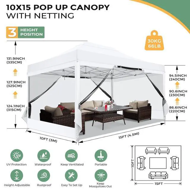 Alt view image 2 of 7 - 10x15 Heavy Duty Pop Up Canopy with 4 Sidewalls, Commercial Gazebo Party Tent with Mosquito Netting Wall Easy Set Up Outdoor Instant Screen Tent for Backyard, Patio, Garden, White