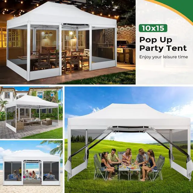 Alt view image 4 of 7 - 10x15 Heavy Duty Pop Up Canopy with 4 Sidewalls, Commercial Gazebo Party Tent with Mosquito Netting Wall Easy Set Up Outdoor Instant Screen Tent for Backyard, Patio, Garden, White