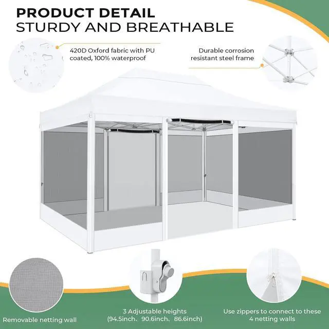 Alt view image 5 of 7 - 10x15 Heavy Duty Pop Up Canopy with 4 Sidewalls, Commercial Gazebo Party Tent with Mosquito Netting Wall Easy Set Up Outdoor Instant Screen Tent for Backyard, Patio, Garden, White