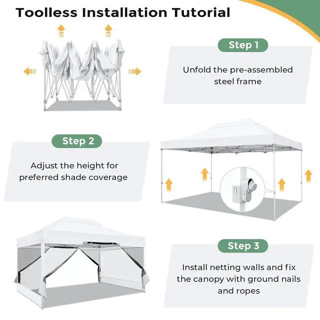 Alt view image 7 of 7 - 10x15 Heavy Duty Pop Up Canopy with 4 Sidewalls, Commercial Gazebo Party Tent with Mosquito Netting Wall Easy Set Up Outdoor Instant Screen Tent for Backyard, Patio, Garden, White
