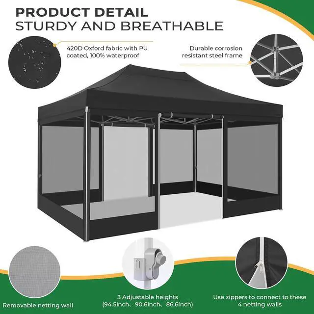 Alt view image 2 of 7 - 10x15 Heavy Duty Pop Up Canopy with 4 Sidewalls, Commercial Gazebo Party Tent with Mosquito Netting Wall Easy Set Up Outdoor Instant Screen Tent for Backyard, Patio, Garden, Black