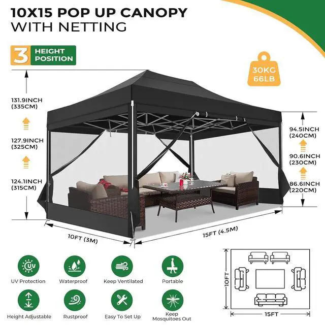 Alt view image 3 of 7 - 10x15 Heavy Duty Pop Up Canopy with 4 Sidewalls, Commercial Gazebo Party Tent with Mosquito Netting Wall Easy Set Up Outdoor Instant Screen Tent for Backyard, Patio, Garden, Black