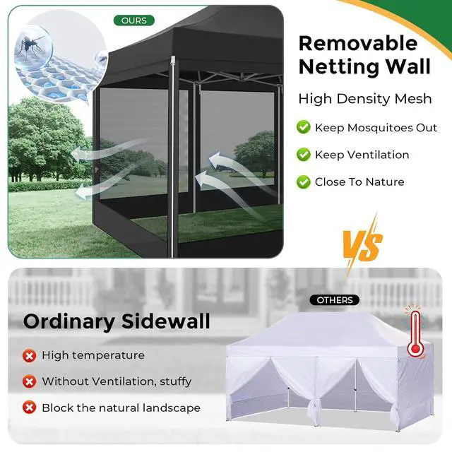 Alt view image 4 of 7 - 10x15 Heavy Duty Pop Up Canopy with 4 Sidewalls, Commercial Gazebo Party Tent with Mosquito Netting Wall Easy Set Up Outdoor Instant Screen Tent for Backyard, Patio, Garden, Black