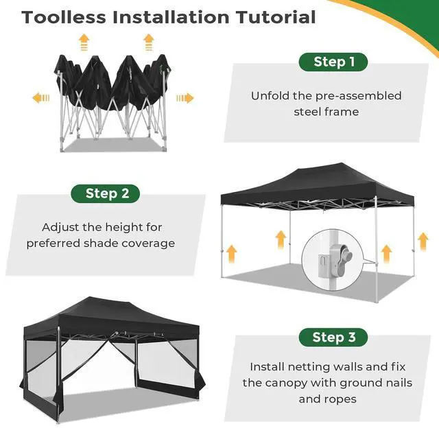 Alt view image 7 of 7 - 10x15 Heavy Duty Pop Up Canopy with 4 Sidewalls, Commercial Gazebo Party Tent with Mosquito Netting Wall Easy Set Up Outdoor Instant Screen Tent for Backyard, Patio, Garden, Black