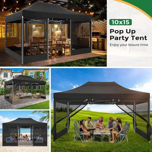 Alt view image 6 of 7 - 10x15 Heavy Duty Pop Up Canopy with 4 Sidewalls, Commercial Gazebo Party Tent with Mosquito Netting Wall Easy Set Up Outdoor Instant Screen Tent for Backyard, Patio, Garden, Black