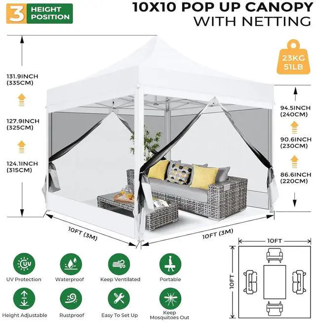 Alt view image 2 of 7 - 10x10 Heavy Duty Pop Up Canopy with 4 Mosquito Netting Wall, Easy Set Up Commercial Gazebo Party Tent, Outdoor Instant Screen Canopy for Backyard, Patio, Garden, White
