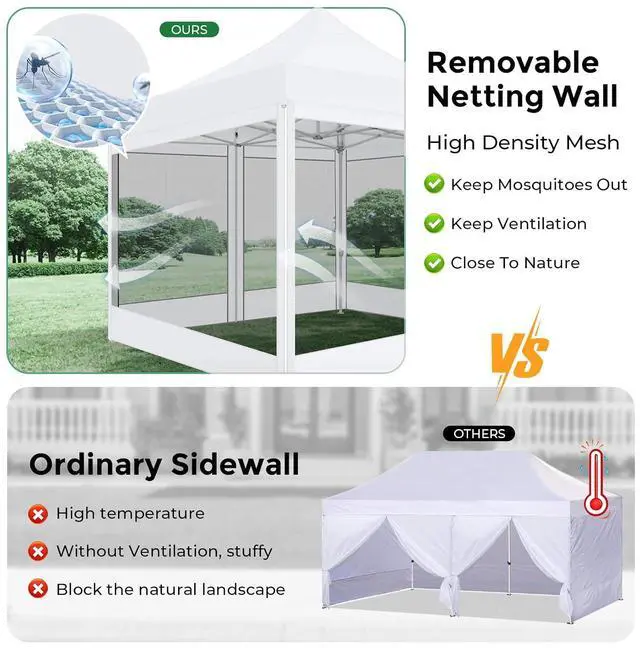 Alt view image 3 of 7 - 10x10 Heavy Duty Pop Up Canopy with 4 Mosquito Netting Wall, Easy Set Up Commercial Gazebo Party Tent, Outdoor Instant Screen Canopy for Backyard, Patio, Garden, White