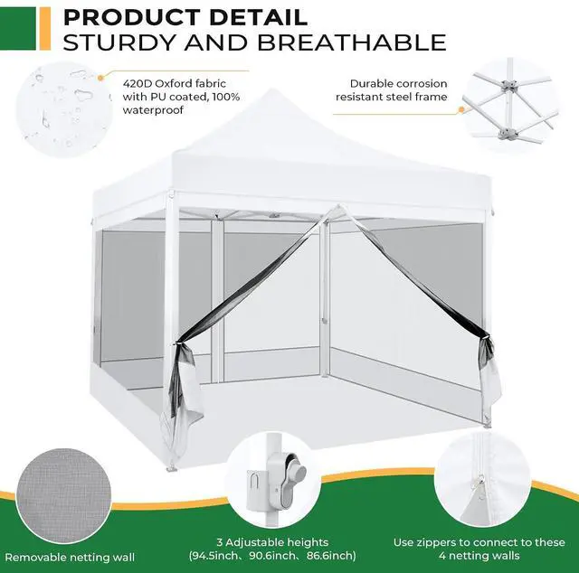 Alt view image 5 of 7 - 10x10 Heavy Duty Pop Up Canopy with 4 Mosquito Netting Wall, Easy Set Up Commercial Gazebo Party Tent, Outdoor Instant Screen Canopy for Backyard, Patio, Garden, White