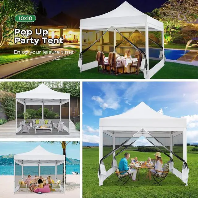 Alt view image 4 of 7 - 10x10 Heavy Duty Pop Up Canopy with 4 Mosquito Netting Wall, Easy Set Up Commercial Gazebo Party Tent, Outdoor Instant Screen Canopy for Backyard, Patio, Garden, White