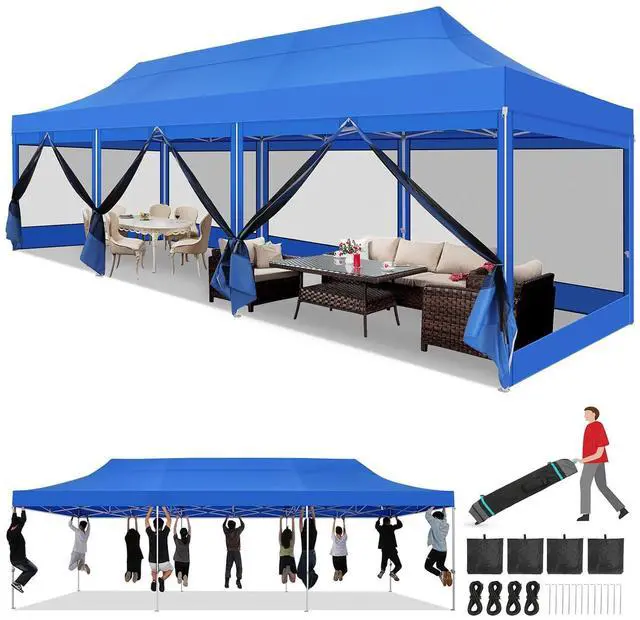 Main image of 10x30 Heavy Duty Pop Up Canopy with 8 Mosquito Netting Wall, Easy Set Up Commercial Gazebo Party Tent, Outdoor Instant Screen Canopy for Backyard, Patio, Garden, Blue