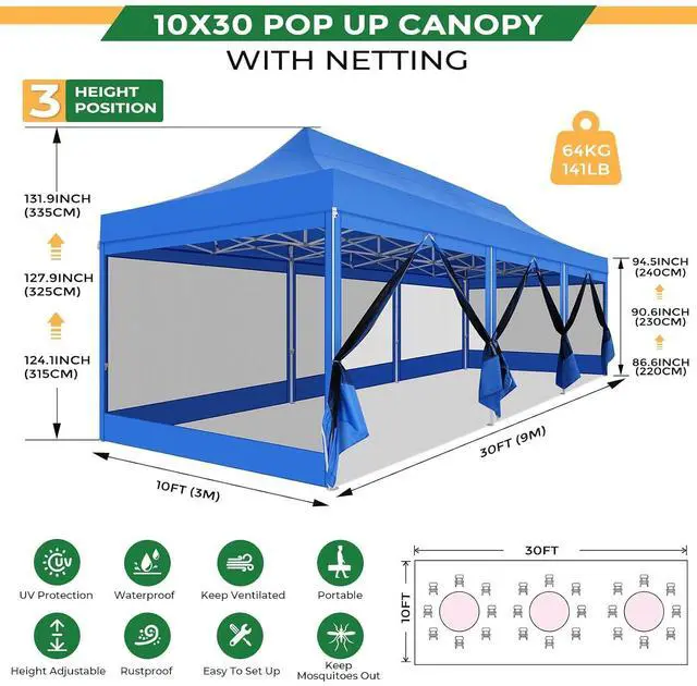 Alt view image 3 of 7 - 10x30 Heavy Duty Pop Up Canopy with 8 Mosquito Netting Wall, Easy Set Up Commercial Gazebo Party Tent, Outdoor Instant Screen Canopy for Backyard, Patio, Garden, Blue