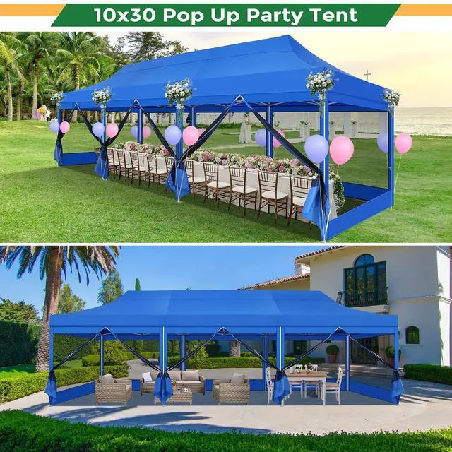 Alt view image 2 of 7 - 10x30 Heavy Duty Pop Up Canopy with 8 Mosquito Netting Wall, Easy Set Up Commercial Gazebo Party Tent, Outdoor Instant Screen Canopy for Backyard, Patio, Garden, Blue