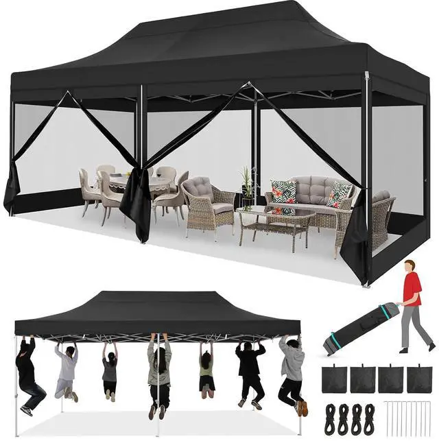 Main image of 10x20 Heavy Duty Pop Up Canopy Tent with 6 Sidewalls, Easy Set Up Outdoor Waterproof Screen Commercial Party Tent with Mosquito Netting for Parties Backyard Patio, Roller Bag, Black