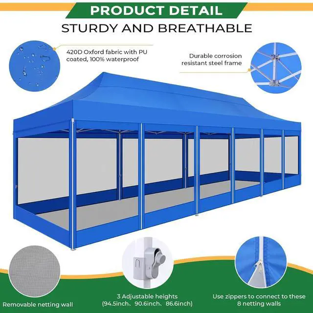 Alt view image 5 of 7 - 10x30 Heavy Duty Pop Up Canopy with 8 Mosquito Netting Wall, Easy Set Up Commercial Gazebo Party Tent, Outdoor Instant Screen Canopy for Backyard, Patio, Garden, Blue
