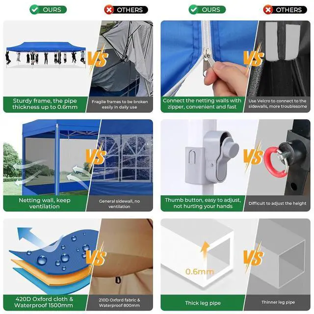 Alt view image 6 of 7 - 10x30 Heavy Duty Pop Up Canopy with 8 Mosquito Netting Wall, Easy Set Up Commercial Gazebo Party Tent, Outdoor Instant Screen Canopy for Backyard, Patio, Garden, Blue
