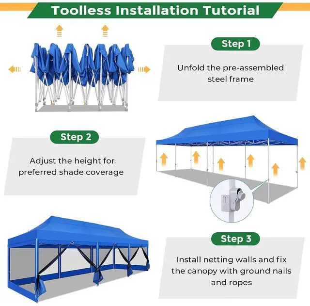 Alt view image 7 of 7 - 10x30 Heavy Duty Pop Up Canopy with 8 Mosquito Netting Wall, Easy Set Up Commercial Gazebo Party Tent, Outdoor Instant Screen Canopy for Backyard, Patio, Garden, Blue
