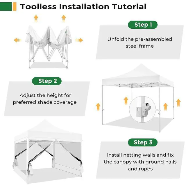 Alt view image 7 of 7 - 10x10 Heavy Duty Pop Up Canopy with 4 Mosquito Netting Wall, Easy Set Up Commercial Gazebo Party Tent, Outdoor Instant Screen Canopy for Backyard, Patio, Garden, White