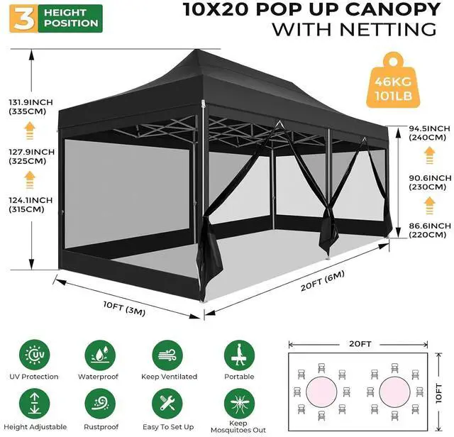 Alt view image 2 of 7 - 10x20 Heavy Duty Pop Up Canopy Tent with 6 Sidewalls, Easy Set Up Outdoor Waterproof Screen Commercial Party Tent with Mosquito Netting for Parties Backyard Patio, Roller Bag, Black