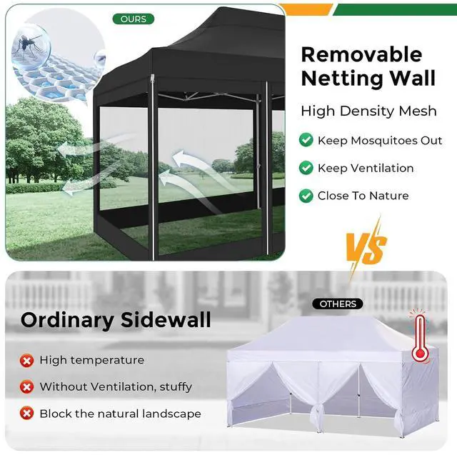Alt view image 3 of 7 - 10x20 Heavy Duty Pop Up Canopy Tent with 6 Sidewalls, Easy Set Up Outdoor Waterproof Screen Commercial Party Tent with Mosquito Netting for Parties Backyard Patio, Roller Bag, Black