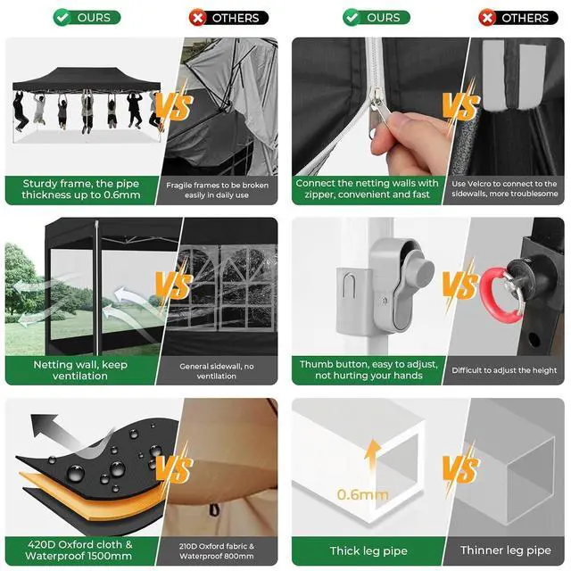 Alt view image 4 of 7 - 10x20 Heavy Duty Pop Up Canopy Tent with 6 Sidewalls, Easy Set Up Outdoor Waterproof Screen Commercial Party Tent with Mosquito Netting for Parties Backyard Patio, Roller Bag, Black