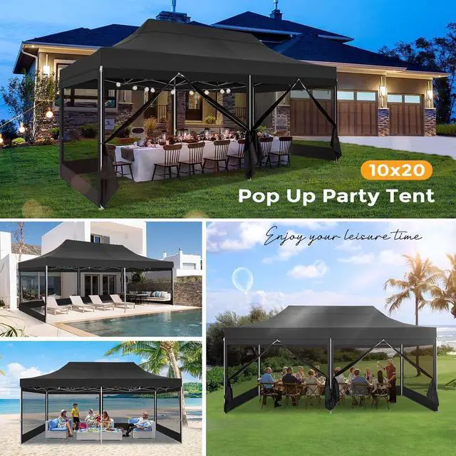 Alt view image 5 of 7 - 10x20 Heavy Duty Pop Up Canopy Tent with 6 Sidewalls, Easy Set Up Outdoor Waterproof Screen Commercial Party Tent with Mosquito Netting for Parties Backyard Patio, Roller Bag, Black