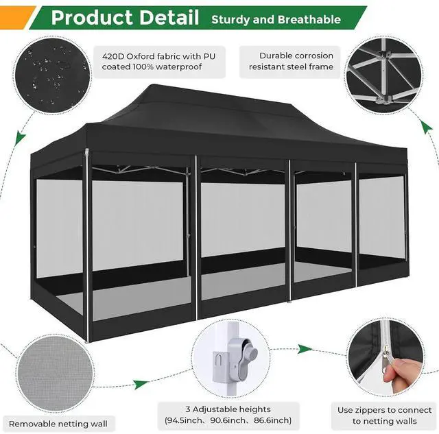 Alt view image 6 of 7 - 10x20 Heavy Duty Pop Up Canopy Tent with 6 Sidewalls, Easy Set Up Outdoor Waterproof Screen Commercial Party Tent with Mosquito Netting for Parties Backyard Patio, Roller Bag, Black